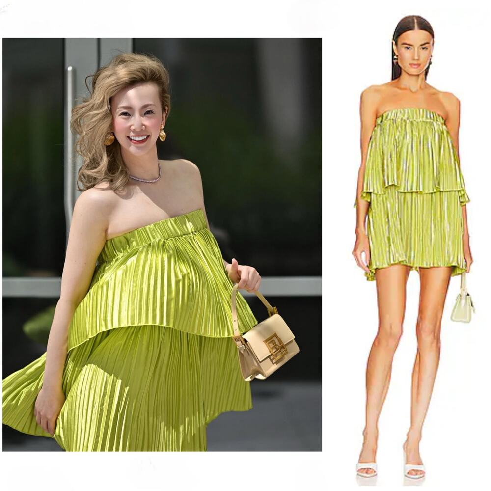 L'IDEE Pleated Reveries Green Strapless Tiered Ruffle Mini Dress 6 / Medium - Picture 3 of 7